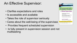 An Effective Supervisor:
• Clarifies expectations and roles
• Is accessible and available
• Takes the role of supervisor seriously
• Cares about the well-being of the supervisee
• Provides frequent scheduled supervision
• Is fully present in supervision session and not
multitasking
 