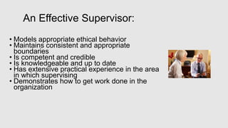 An Effective Supervisor:
• Models appropriate ethical behavior
• Maintains consistent and appropriate
boundaries
• Is competent and credible
• Is knowledgeable and up to date
• Has extensive practical experience in the area
in which supervising
• Demonstrates how to get work done in the
organization
 