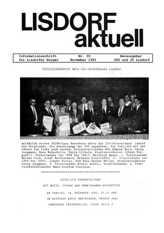 Informationsschrift Nr. 39 Herausgeber
für Lisdorfer Bürger November 1985 CDU und JU Lisdorf
 