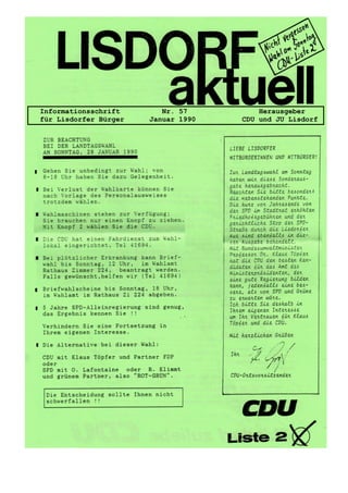 Informationsschrift Nr. 57 Herausgeber
für Lisdorfer Bürger Januar 1990 CDU und JU Lisdorf
 