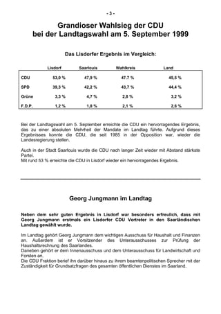 - 3 -
Grandioser Wahlsieg der CDU
bei der Landtagswahl am 5. September 1999
Das Lisdorfer Ergebnis im Vergleich:
Lisdorf Saarlouis Wahlkreis Land
CDU 53,0 % 47,9 % 47.7 % 45,5 %
SPD 39,3 % 42,2 % 43,7 % 44,4 %
Grüne 3,3 % 4,7 % 2,8 % 3,2 %
F.D.P. 1,2 % 1,8 % 2,1 % 2,6 %
Bei der Landtagswahl am 5. September erreichte die CDU ein hervorragendes Ergebnis,
das zu einer absoluten Mehrheit der Mandate im Landtag führte. Aufgrund dieses
Ergebnisses konnte die CDU, die seit 1985 in der Opposition war, wieder die
Landesregierung stellen.
Auch in der Stadt Saarlouis wurde die CDU nach langer Zeit wieder mit Abstand stärkste
Partei.
Mit rund 53 % erreichte die CDU in Lisdorf wieder ein hervorragendes Ergebnis.
Georg Jungmann im Landtag
Neben dem sehr guten Ergebnis in Lisdorf war besonders erfreulich, dass mit
Georg Jungmann erstmals ein Lisdorfer CDU Vertreter in den Saarländischen
Landtag gewählt wurde.
Im Landtag gehört Georg Jungmann dem wichtigen Ausschuss für Haushalt und Finanzen
an. Außerdem ist er Vorsitzender des Unterausschusses zur Prüfung der
Haushaltsrechnung des Saarlandes.
Daneben gehört er dem Innenausschuss und dem Unterausschuss für Landwirtschaft und
Forsten an.
Die CDU Fraktion berief ihn darüber hinaus zu ihrem beamtenpolitischen Sprecher mit der
Zuständigkeit für Grundsatzfragen des gesamten öffentlichen Dienstes im Saarland.
 