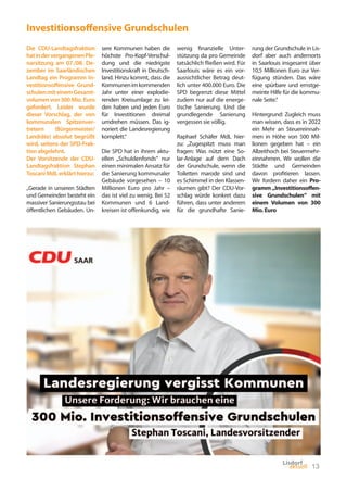 13
Investitionsoﬀensive Grundschulen
Die CDU-Landtagsfraktion
hatindervergangenenPle-
narsitzung am 07./08. De-
zember im ...