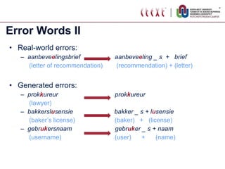 Error Words II Real-world errors: aanbeve e lingsbrief   aanbeve e ling _ s  +  brief (letter of recommendation)  (recommendation) + (letter) Generated errors: prok k ureur  prok k ureur (lawyer) bakkersl u sensie   bakker _ s + l u sensie (baker’s license)  (baker)  +  (license) gebr uk ersnaam  gebr uk er _ s + naam (username)  (user)  +  (name) 