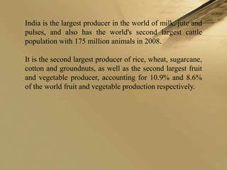 India is the largest producer in the world of milk, jute and
pulses, and also has the world's second largest cattle
population with 175 million animals in 2008.

It is the second largest producer of rice, wheat, sugarcane,
cotton and groundnuts, as well as the second largest fruit
and vegetable producer, accounting for 10.9% and 8.6%
of the world fruit and vegetable production respectively.
 
