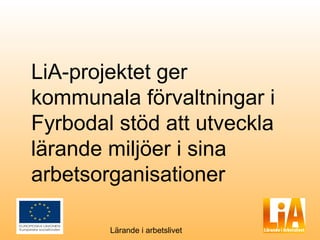 LiA-projektet ger
kommunala förvaltningar i
Fyrbodal stöd att utveckla
lärande miljöer i sina
arbetsorganisationer

        Lärande i arbetslivet
 