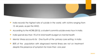  India records the highest rate of suicide in the world, with victims ranging from
15 -44 years, as per the WHO.
 According to the NCRB (2015), a student commits suicide every hour in India.
 India spends less than 1% of its total health budget on mental health
 Mental illness accounts for One fourth of the primary care setting in India
 80% of the population with diagnosed mental illness are not on treatment
despite the presence of symptom for more than one year
02/24/19
 
