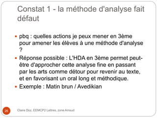 Constat 1 - la méthode d'analyse fait
défaut
 pbq : quelles actions je peux mener en 3ème
pour amener les élèves à une méthode d'analyse
?
 Réponse possible : L'HDA en 3ème permet peut-
être d'approcher cette analyse fine en passant
par les arts comme détour pour revenir au texte,
et en favorisant un oral long et méthodique.
 Exemple : Matin brun / Avedikian
Claire Doz, EEMCP2 Lettres, zone Amsud26
 