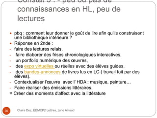 Constat 3 : - peu ou pas de
connaissances en HL, peu de
lectures
 pbq : comment leur donner le goût de lire afin qu'ils construisent
une bibliothèque intérieure ?
 Réponse en 2nde :
- faire des lectures relais,
- faire élaborer des frises chronologiques interactives,
- un portfolio numérique des œuvres,
- des expo virtuelles ou réelles avec des élèves guides,
- des bandes-annonces de livres lus en LC ( travail fait par des
élèves).
- Contextualiser l’œuvre avec l’ HDA : musique, peinture…
- Faire réaliser des émissions littéraires.
= Créer des moments d'affect avec la littérature
Claire Doz, EEMCP2 Lettres, zone Amsud30
 