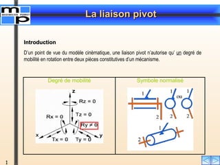 La liaison pivot
La liaison pivot
1
D’un point de vue du modèle cinématique, une liaison pivot n’autorise qu’ un degré de
mobilité en rotation entre deux pièces constitutives d’un mécanisme.
Degré de mobilité Symbole normalisé
Introduction
Introduction
 