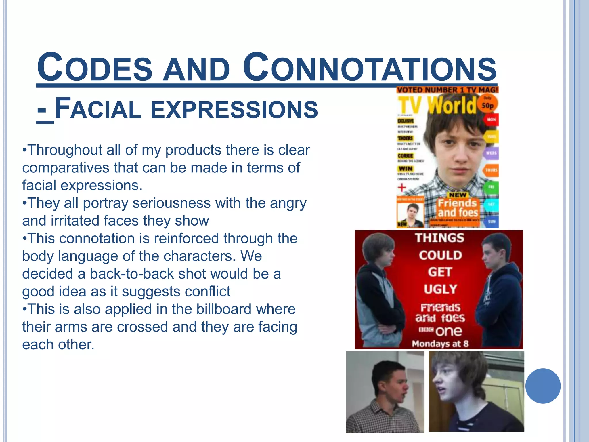 Codes and Connotations - Facial expressionsThroughout all of my products there is clear comparatives that can be made in terms of facial expressions.