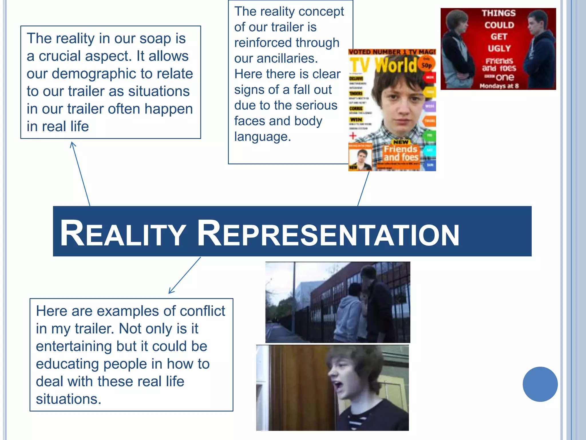 Regional RepresentationWe conveyed a clear regional representation through the use of slang and common sayings heard in the Manchester area in our trailer such as ‘I’m not gonna hit you, you muppet!’ and ‘Who d’ya think you are?’ By portraying this regional identity the audience is able to relate to the soap more if they’re from a similar area or make it more interesting for an audience outside the area as they may be curious as to what it’s like in Manchester.The use of the hoodys also shows regional representation as hoody’s are common in the area we’re portraying.