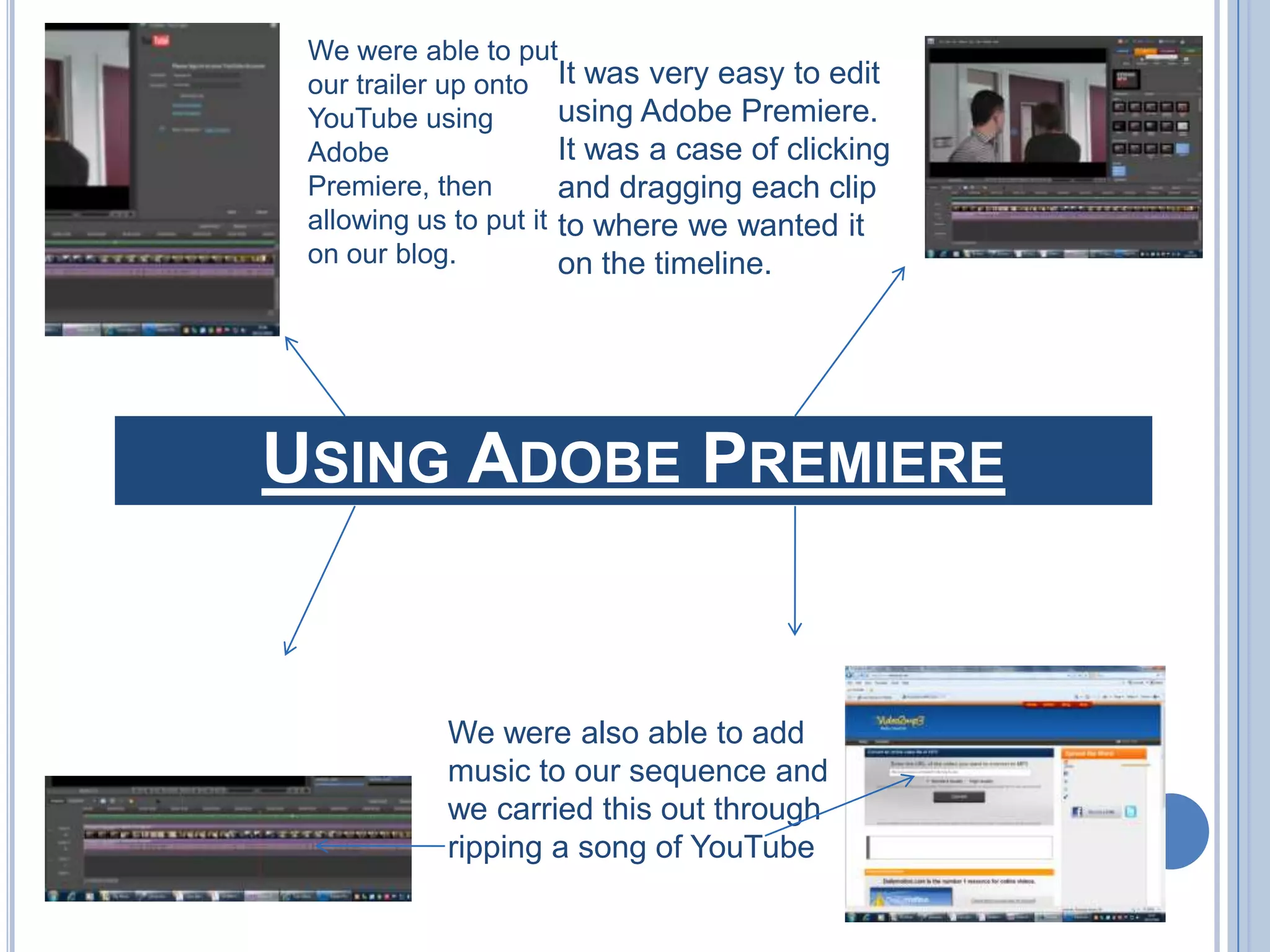 Using Adobe PhotoshopI incorporated title cards into my trailer using adobe Photoshop. I used this application to introduce my trailer and then at the end remind the audience of the name, which channel and the time it is broadcasted.Because of this application we were able to experiment with different fonts and colours enabling us to be able to choose from a selection of title cards. We decided the best one was on the far right as it suggests conflict.