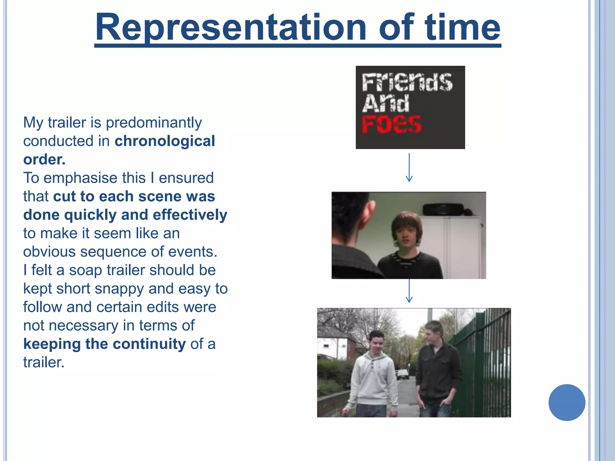 Representation of timeMy trailer is predominantly conducted in chronological order.To emphasise this I ensured that cut to each scene was done quickly and effectively to make it seem like an obvious sequence of events.I felt a soap trailer should be kept short snappy and easy to follow and certain edits were not necessary in terms of keeping the continuity of a trailer.