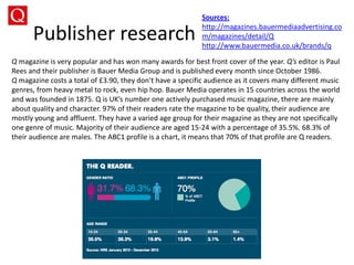 Publisher research
Q magazine is very popular and has won many awards for best front cover of the year. Q’s editor is Paul
Rees and their publisher is Bauer Media Group and is published every month since October 1986.
Q magazine costs a total of £3.90, they don’t have a specific audience as it covers many different music
genres, from heavy metal to rock, even hip hop. Bauer Media operates in 15 countries across the world
and was founded in 1875. Q is UK’s number one actively purchased music magazine, there are mainly
about quality and character. 97% of their readers rate the magazine to be quality, their audience are
mostly young and affluent. They have a varied age group for their magazine as they are not specifically
one genre of music. Majority of their audience are aged 15-24 with a percentage of 35.5%. 68.3% of
their audience are males. The ABC1 profile is a chart, it means that 70% of that profile are Q readers.
Sources:
http://magazines.bauermediaadvertising.co
m/magazines/detail/Q
http://www.bauermedia.co.uk/brands/q
 