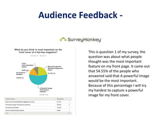 Audience Feedback -
This is question 1 of my survey, the
question was about what people
thought was the most important
feature on my front page. It came out
that 54.55% of the people who
answered said that A powerful Image
would be the most important.
Because of this percentage I will try
my hardest to capture a powerful
image for my front cover.
 