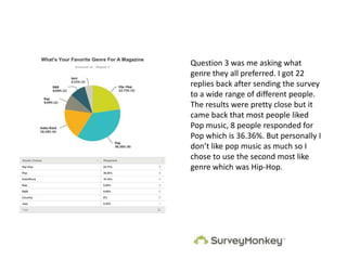 Question 3 was me asking what
genre they all preferred. I got 22
replies back after sending the survey
to a wide range of different people.
The results were pretty close but it
came back that most people liked
Pop music, 8 people responded for
Pop which is 36.36%. But personally I
don’t like pop music as much so I
chose to use the second most like
genre which was Hip-Hop.
 