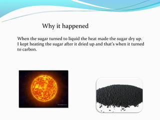 Why it happened
When the sugar turned to liquid the heat made the sugar dry up.
I kept heating the sugar after it dried up and that’s when it turned
to carbon.
 