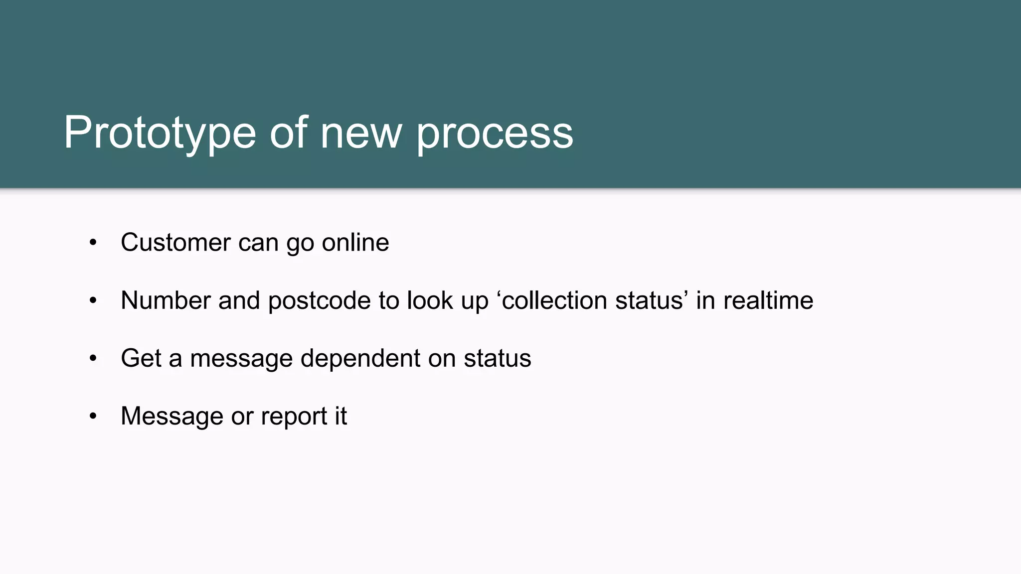 Prototype of new process
• Customer can go online
• Number and postcode to look up ‘collection status’ in realtime
• Get a message dependent on status
• Message or report it