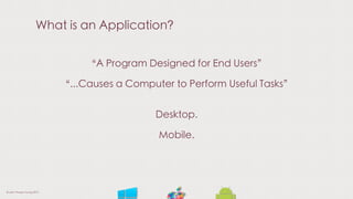 What is an Application?
“A Program Designed for End Users”
“...Causes a Computer to Perform Useful Tasks”
Desktop.
Mobile.
© Liam Thorpe-Young 2013
 
