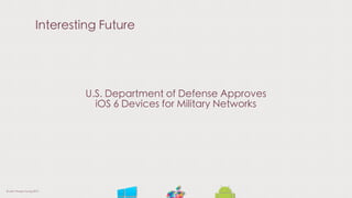Interesting Future
U.S. Department of Defense Approves
iOS 6 Devices for Military Networks
© Liam Thorpe-Young 2013
 