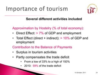 Several different activities included

Approximation by Hostelry (% of total economy):
• Direct Effect: > 7% of GDP and employment
• Total Effect (direct + indirect): > 10% of GDP and
  employment
Contribution to the Balance of Payments
• Surplus in tourism activities
• Partly compensates the trade deficit
     • From a low of 33% to a high of 150%
     • 2010: 59% of the trade deficit

                                             10 October 2011   24
 
