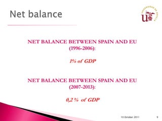 NET BALANCE BETWEEN SPAIN AND EU
            (1996-2006):

            1% of GDP


NET BALANCE BETWEEN SPAIN AND EU
            (2007-2013):

           0,2 % of GDP

                           10 October 2011   9
 