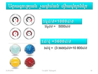 Արագության չափման միավորներ
1կմ/ժ=1000մ/ժ
1մ/վ =3600մ/ժ
5կմ/ժ = 5000մ/ժ
3մ/վ = (3·3600)մ/ժ=10 800մ/ժ
21.09.2015 19Լուսինե Ավագյան
 