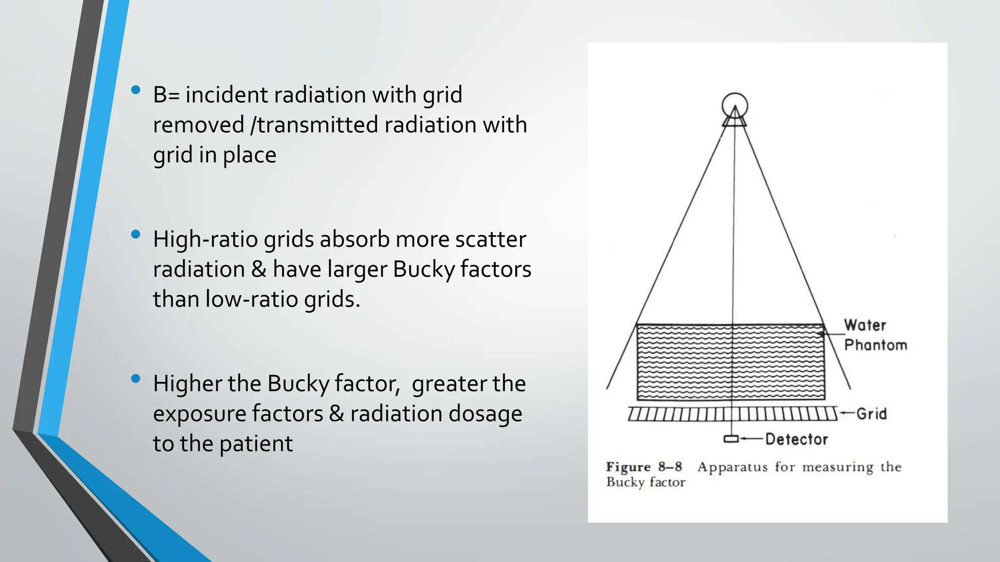 • B= incident radiation with grid
removed /transmitted radiation with
grid in place
• High-ratio grids absorb more scatter
radiation & have larger Bucky factors
than low-ratio grids.
• Higher the Bucky factor, greater the
exposure factors & radiation dosage
to the patient
 