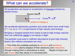 What can we accelerate?
All accelerators are based on acceleration of charged particles by
electric forces.
We accelerate elementary particles and nuclei which have small mass
(F = ma, so a = F/m) to get beams of high velocity (and energy).
Bringing a charged particle from nearly at rest to high energy requires
that it be sufficiently stable to not decay in flight.
The particles must exist in sufficient abundance to give high intensity
beams (the collision processes are rare).
 This limits the available particles to electrons and positrons,
protons, nuclei (atoms stripped of their electrons) and antiprotons
(though making them in abundance is hard). Maybe in future can
use muons (but they decay in a microsecond!).
Electric field E
proton of charge q
Force F = q E
37
 