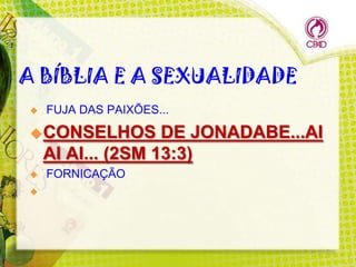 A BÍBLIA E A SEXUALIDADE


FUJA DAS PAIXÕES...

 CONSELHOS

DE JONADABE...AI
AI AI... (2SM 13:3)




FORNICAÇÃO

 