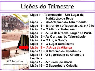 Lição 1 – Tabernáculo – Um Lugar da
Habitação de Deus
Lição 2 – Os Artesãos do Tabernáculo
Lição 3 – Entrando no Tabernáculo: o Pátio
Lição 4 – O Altar do Holocausto
Lição 5 – A Pia de Bronze: Lugar de Purif.
Lição 6 – As Cortinas do Tabernáculo
Lição 7 – O Lugar Santo
Lição 8 – O Lugar Santíssimo
Lição 9 – A Arca da Aliança
Lição 10 – O Sistema de Sacrifícios
Lição 11 – O Sacerdócio de Cristo e o
Levítico
Lição 12 – A Nuvem de Glória
Lição 13 – O Sacerdócio Celestial
 