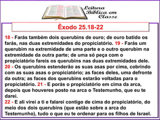 18 - Farás também dois querubins de ouro; de ouro batido os
farás, nas duas extremidades do propiciatório. 19 - Farás um
querubim na extremidade de uma parte e o outro querubim na
extremidade da outra parte; de uma só peça com o
propiciatório fareis os querubins nas duas extremidades dele.
20 - Os querubins estenderão as suas asas por cima, cobrindo
com as suas asas o propiciatório; as faces deles, uma defronte
da outra; as faces dos querubins estarão voltadas para o
propiciatório. 21 - E porás o propiciatório em cima da arca,
depois que houveres posto na arca o Testemunho, que eu te
darei.
22 - E ali virei a ti e falarei contigo de cima do propiciatório, do
meio dos dois querubins (que estão sobre a arca do
Testemunho), tudo o que eu te ordenar para os filhos de Israel.
Êxodo 25.18-22
 
