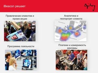 iBeacon решает
Платежи и измеримость
рекламы
Аналитика и
геопортрет клиента
Программа лояльности
Привлечение клиентов и
промо-акции
 