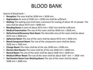 BLOOD BANK
Spaces of blood bank :-
• Reception-The area shall be 3658 mm × 3658 mm.
• Registration-An area of 2438 mm × 2438 mm shall be sufficient.
• Waiting-The waiting area shall have a provision for seating of about 10–15 people. The
area shall be about 4572 mm × 3048 mm.
• Bleeding Room-A room of about 4572 mm × 4267 mm shall be sufficient.
• Medical Examination-The size of this room shall be 3658 mm × 3658 mm.
• Refreshment/Recovery/ Rest Room-The desirable area of the room shall be about
4572 mm × 3658 mm.
• Apheresis Room-The size of the room shall be about 4572 mm × 3658 mm.
• Blood Component Room-The size of the component room shall be about
7620 mm × 7620 mm.
• Change Room-The room shall be of the size 2438 mm × 2438 mm.
• Doctors Rest Rooms-The room shall be of the size 2438 mm × 3048 mm.
• Record Room-The size of the room shall be about 2438 mm × 2438 mm.
• Medical Officer Room-The size of the room shall be about 4267 mm × 3658 mm
• Sterilization Room Cum Washing Room-The size of the room shall be about
3048 mm × 3048 mm.
 