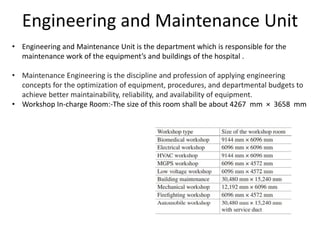 Engineering and Maintenance Unit
• Engineering and Maintenance Unit is the department which is responsible for the
maintenance work of the equipment’s and buildings of the hospital .
• Maintenance Engineering is the discipline and profession of applying engineering
concepts for the optimization of equipment, procedures, and departmental budgets to
achieve better maintainability, reliability, and availability of equipment.
• Workshop In-charge Room:-The size of this room shall be about 4267 mm × 3658 mm
 