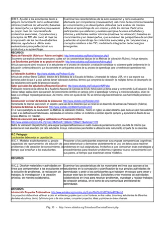 Pág. 33 - http://www.eduteka.org/EstandaresDocentesUnesco.php
III.B.5. Ayudar a los estudiantes tanto a
adquirir conocimiento como a desarrollar
rúbricas (matrices de valoración) basadas
en desempeño y a aplicarlas para evaluar
su propio nivel de comprensión de
contenidos esenciales, competencias y
conceptos de TIC. Así como el nivel de
comprensión de los demás estudiantes.
Además, ayudarles a utilizar esas
evaluaciones para perfeccionar sus
productos y su aprendizaje.
Examinar las características de la auto evaluación y de la evaluación
efectuada por compañeros (coevaluación), así como de las rúbricas basadas
en conocimiento y en desempeños utilizadas para evaluar de manera
reflexiva el aprendizaje de uno mismo y el de los demás. Pedir a los
participantes que elaboren y evalúen ejemplos de esas actividades y
rúbricas y solicitarles realizar rúbricas (matrices de valoración) basadas en
conocimientos y en desempeños, que aumenten las perspectivas de ampliar
y extender el aprendizaje de contenidos esenciales y de competencias y
conceptos relativos a las TIC, mediante la integración de tecnologías
emergentes.
RECURSOS:
Matriz de Valoración (Rúbricas - Rubrics en inglés) http://www.eduteka.org/MatrizValoracion.php3
Documento que explica como se construyen y cuales son las características básicas de las Matrices de Valoración (Rubrics). Incluye ejemplos.
Los Estudiantes, partícipes de su propia evaluación http://www.eduteka.org/EstudiantesActivos.php3
Artículo que expone cómo involucrar a los estudiantes en el proceso de valoración y evaluación constituye no solamente parte fundamental en la
educación contemporánea sino que los convierte en participantes activos de su proceso de aprendizaje para convertirlos en aprendices más
efectivos.
La Valoración Auténtica http://www.eduteka.org/Profesor13.php
Artículo del profesor Daniel Callison, director de la Biblioteca de la Escuela de Medios, Universidad de Indiana, USA. en el que expone sus
opiniones sobre lo que él y otros autores llaman Valoración Auténtica, término que comprende la valoración de múltiples formas de desempeño de
los estudiantes como parte del proceso evaluativo.
Saber qué saben los estudiantes (Resumen Ejecutivo) http://www.eduteka.org/EvaluacionNAP.php
Publicación reciente de la editorial de la Academia Nacional de Ciencias de EEUU (NAS) sobre un tema actual y controvertido: La Evaluación. Este
valioso trabajo explica cómo la expansión del conocimiento científico en campos como el aprendizaje humano y la medición educativa, sirven de
base a un enfoque mejorado para evaluar. Así mismo, cómo con ayuda de las TIC se eliminan algunas restricciones que han limitado ponerlas en
práctica.
Construcción 'en línea' de Matrices de Valoración http://www.eduteka.org/Rubistar.php3
Herramienta de Internet, con versión en español, para uso de los docentes que se inician en el desarrollo de Matrices de Valoración (Rubrics).
Ejemplos de Matrices de Valoración http://www.eduteka.org/MatrizEjemplos.php3
En el nuevo paradigma de la educación las Matrices de Valoración (Rúbrica - Rubric en inglés) se están utilizando para darle un valor más auténtico
o real, a las calificaciones tradicionales, expresadas en números o letras. Lo invitamos a conocer algunos ejemplos y a practicar el diseño de sus
propias Matrices con Rubistar.
Matriz de valoración para asignar calificación en Pensamiento Crítico
http://www.eduteka.org/modulos.php?catx=6&idSubX=144&ida=738&art=1&ademas=1013
Matriz de Valoración Integral (Rubric) para asignar puntajes/calificaciones en cuatro niveles de pensamiento crítico, con lista de criterios que
evidencian el nivel alcanzado por cada estudiante. Incluye, instrucciones para facilitar la utilización este instrumento por parte de los docentes.
III.C. Pedagogía
Los docentes deben estar en capacidad de:
III.C.1. Modelar explicitamente su propia
capacidad de razonamiento, de solución de
problemas y de creación de conocimiento, al
tiempo que enseñan a los estudiantes.
Proponer a los participantes examinar sus propias competencias cognitivas
para exteriorizar y demostrar abiertamente el uso de éstas para resolver
problemas en sus asignaturas. Invitarlos a que compartan esas estrategias y
procedimientos para resolver problemas y generar nuevo conocimiento con
sus pares, al tiempo que examinan otros modelos.
RECURSOS:
III.C.2. Diseñar materiales y actividades en
línea que comprometan a los estudiantes en
la solución de problemas, la realización de
trabajos, la investigación o la creación
artística, de manera colaborativa.
Examinar las características de los materiales en línea que apoyan a los
estudiantes en la concepción y planificación de sus propias actividades de
aprendizaje; y pedir a los participantes que trabajen en equipo para crear y
evaluar este tipo de materiales. Solicitarles crear modelos de actividades
colaborativas en línea para resolver problemas, investigar y realizar trabajos
de creación artística, en el seno de una comunidad profesional de
aprendizaje.
RECURSOS:
Introducción Proyectos Colaborativos http://www.eduteka.org/modulos.php?catx=7&idSubX=227&ida=802&art=1
Los proyectos colaborativos se llevan a cabo en ambientes grupales que cruzan fronteras, en los cuales, docentes y estudiantes de diferentes
planteles educativos, dentro del mismo país o de otros países, comparten proyectos, ideas y opiniones en áreas diversas.
 