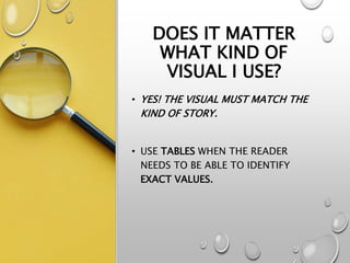 DOES IT MATTER
WHAT KIND OF
VISUAL I USE?
• YES! THE VISUAL MUST MATCH THE
KIND OF STORY.
• USE TABLES WHEN THE READER
NEEDS TO BE ABLE TO IDENTIFY
EXACT VALUES.
 