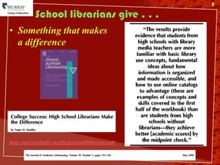 5

           School librarians give . . .
• Something that makes
  a difference




http://murraylib601.org/HighSchoolDifference.pdf
 