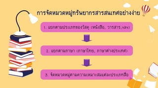 การจัดหมวดหมู่ทรัพยากรสารสนเทศอย่างง่าย
1. แยกตามประเภทของวัสดุ (หนังสือ, วารสาร,ฯลฯ)
2. แยกตามภาษา (ภาษาไทย, ภาษาต่างประเทศ)
3. จัดหมวดหมู่ตามความเหมาะสมแต่ละประเภทสื่อ
 