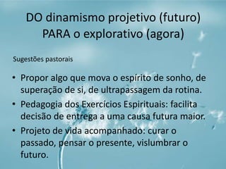 DO dinamismo projetivo (futuro) 
PARA o explorativo (agora) 
Sugestões pastorais 
• Propor algo que mova o espírito de sonho, de 
superação de si, de ultrapassagem da rotina. 
• Pedagogia dos Exercícios Espirituais: facilita 
decisão de entrega a uma causa futura maior. 
• Projeto de vida acompanhado: curar o 
passado, pensar o presente, vislumbrar o 
futuro. 
 