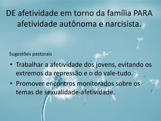 DE afetividade em torno da família PARA 
afetividade autônoma e narcisista. 
Sugestões pastorais 
• Trabalhar a afetividade dos jovens, evitando os 
extremos da repressão e o do vale-tudo. 
• Promover encontros monitorados sobre os 
temas de sexualidade-afetividade. 
 