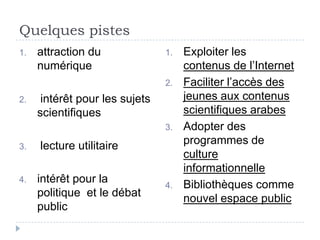 Quelques pistes
1.   attraction du              1.   Exploiter les
     numérique                       contenus de l’Internet
                                2.   Faciliter l’accès des
2.    intérêt pour les sujets        jeunes aux contenus
     scientifiques                   scientifiques arabes
                                3.   Adopter des
3.   lecture utilitaire              programmes de
                                     culture
                                     informationnelle
4.   intérêt pour la            4.   Bibliothèques comme
     politique et le débat           nouvel espace public
     public
 
