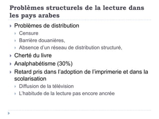 Problèmes structurels de la lecture dans
les pays arabes
   Problèmes de distribution
       Censure
       Barrière douanières,
       Absence d’un réseau de distribution structuré,
   Cherté du livre
   Analphabétisme (30%)
   Retard pris dans l’adoption de l’imprimerie et dans la
    scolarisation
       Diffusion de la télévision
       L’habitude de la lecture pas encore ancrée
 
