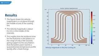 Results
 The figure shows the velocity
magnitude in a cut plane through
the middle of one of the cooling
fins
 The velocity magnitude is about
0.2 m/s in the middle of the
channels
 This implies that the residence time
for the fluid time in the plates is in
the range of only a few seconds,
giving support to the assumption
that the battery pack reaches a
quasistationary temperature profile
quickly after a load change
Velocity magnitude in the first cooling fin
 
