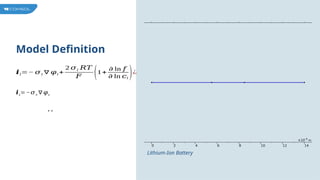 Model Definition
Lithium-Ion Battery
𝒊l=− 𝜎l ∇ 𝜑l +
2 𝜎l 𝑅𝑇
𝐹 (1+
𝜕 ln 𝑓
𝜕 ln 𝑐l
)¿
𝒊s=−𝜎s ∇ 𝜑s
, ,
 