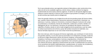 Por lo que antecede vemos, que siguiendo siempre la Naturaleza su plan constructivo trino,
cada una de las tres cavidades orgánicas, vientre, tórax y cabeza, contiene los órganos
fundamentales de otros tantos sistemas orgánicos. El vientre los del aparato digestivo (que
elaboran la parte material); el tórax los del circulatorio (que proveen la energía), y el cráneo,
los del nervioso (por donde actúa la inteligencia).
Estos tres grandes sistemas son el objeto de acción de tres grandes grupos de fuerzas vitales,
que, usando el léxico letamendiano, llamaremos extensivas, protensivas e intensivas. Las
extensivas o nutricias, realizan el crecimiento y mantienen después el volumen del cuerpo.
Las protensivas o circulatorias, fuerzas de combustión, conducción y arrastre, tienden a la
disgregación del ser. Las intensivas o nerviosas son portadoras del impulso constructivo,
específico y finalista, siendo en cierto modo antagónicas de las protensivas, y por las cuales
se realiza la permanencia de la forma a pesar del cambio incesante de materiales. (Las
fuerzas llamadas expansivas no son sino la fase inicial de las protensivas.)
Bien claro está que, estos tres grupos de fuerzas organizadas, que constituyen el motor de los
tres grandes sistemas, no son otras que las encarnadas en el antiquísimo concepto, nacido de
la más pura y lógica observación natural, de fuerzas creadoras, conservadoras y destructoras.
Creadoras o nerviosas; conservadoras o nutricias y reproductoras; y finalmente las
destructoras, que son las circulatorias y respiratorias. De la armonía y ponderación de estos
tres sistemas de fuerzas, depende el mantenimiento de la vida. Si predominasen las nutricias,
el ser aumentaría de tamaño indefinidamente; si predominasen, en cambio, las circulatorias y
respiratorias, se aniquilaría el individuo a fuerza de excretas y combustiones.
Tomado de Curso de Medicina Natural, Eduardo Alonso, 2003
 
