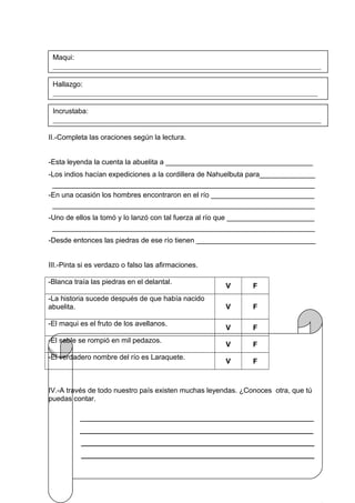 II.-Completa las oraciones según la lectura.
-Esta leyenda la cuenta la abuelita a _____________________________________
-Los indios hacían expediciones a la cordillera de Nahuelbuta para______________
__________________________________________________________________
-En una ocasión los hombres encontraron en el río __________________________
__________________________________________________________________
-Uno de ellos la tomó y lo lanzó con tal fuerza al río que ______________________
__________________________________________________________________
-Desde entonces las piedras de ese río tienen ______________________________
III.-Pinta si es verdazo o falso las afirmaciones.
-Blanca traía las piedras en el delantal.
V F
-La historia sucede después de que había nacido
abuelita. V F
-El maqui es el fruto de los avellanos.
V F
-El sable se rompió en mil pedazos.
V F
-El verdadero nombre del río es Laraquete.
V F
IV.-A través de todo nuestro país existen muchas leyendas. ¿Conoces otra, que tú
puedas contar.
____________________________________________
_______________________________________
_______________________________________
_______________________________________
Hallazgo:
__________________________________________________________________________
Maqui:
___________________________________________________________________________
Incrustaba:
___________________________________________________________________________
 