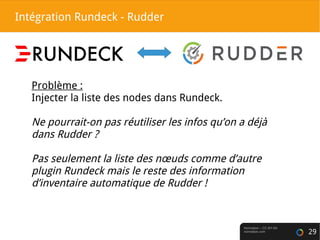 Normation – CC-BY-SA
normation.com 29
Intégration Rundeck - Rudder
Problème :
Injecter la liste des nodes dans Rundeck.
Ne...