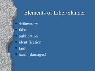 Elements of Libel/Slander defamatory false publication identification fault harm (damages) 