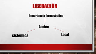 LIBERACIÓN 
Importancia farmacéutica 
Acción 
sistémica Local 
 
